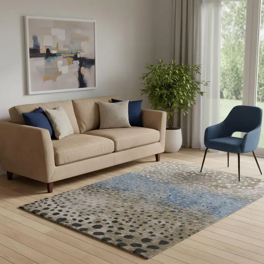 Khaki Blue And Ivory Polka Dot Washable Area Rug With UV Protection Photo 2