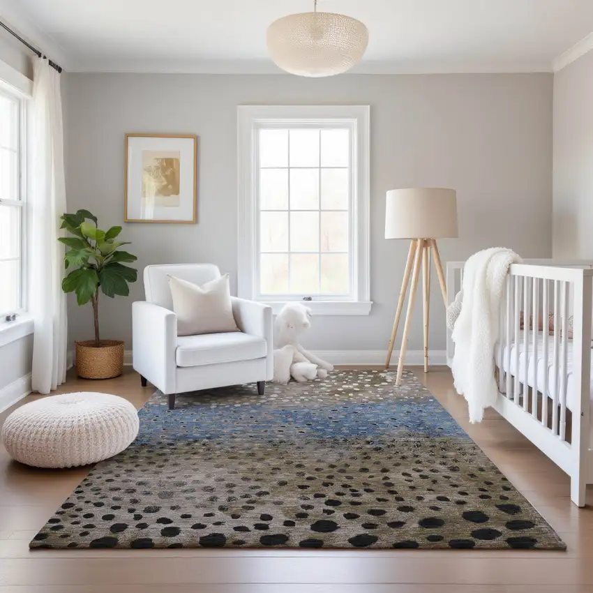 Khaki Blue And Ivory Polka Dot Washable Area Rug With UV Protection Photo 4