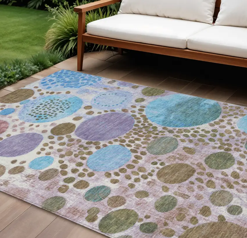 Khaki Blue And Purple Geometric Washable Indoor Outdoor Area Rug Photo 2
