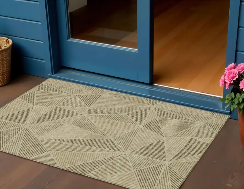 Khaki Brown And Beige Geometric Washable Indoor Outdoor Area Rug Photo 1