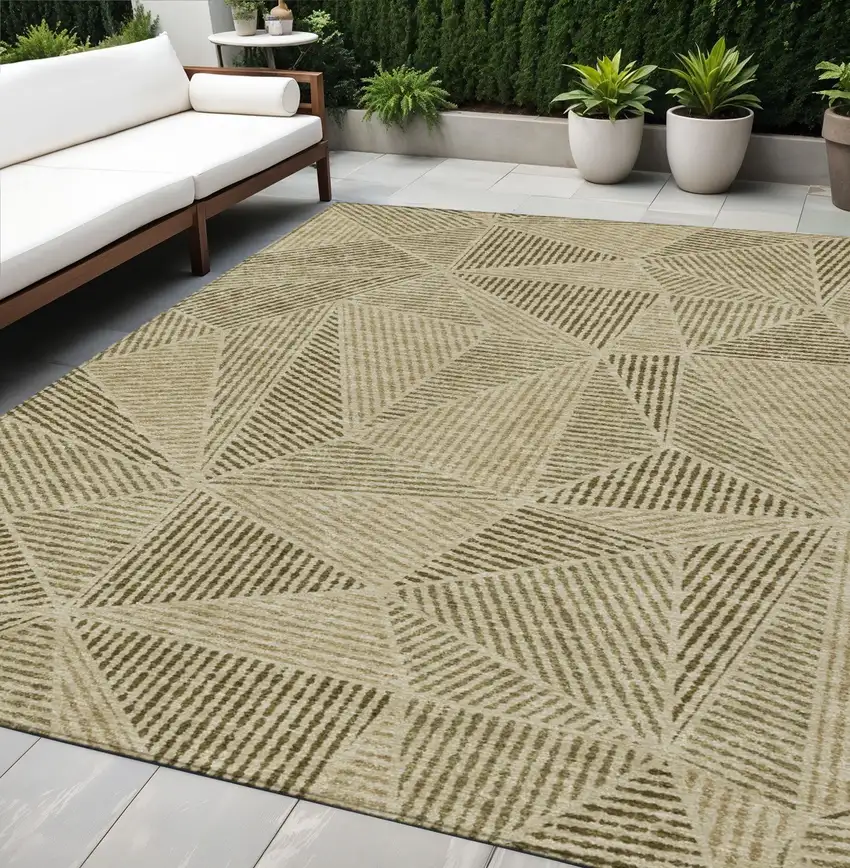 Khaki Brown And Beige Geometric Washable Indoor Outdoor Area Rug Photo 1