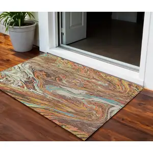 Photo of Khaki Brown And Blue Abstract Washable Indoor Outdoor Area Rug