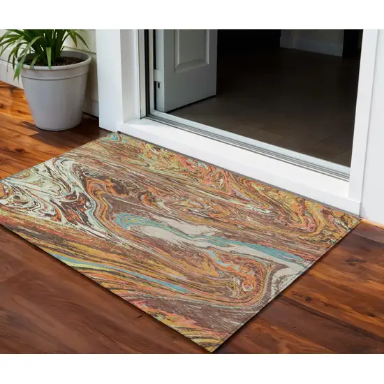 Khaki Brown And Blue Abstract Washable Indoor Outdoor Area Rug Photo 1