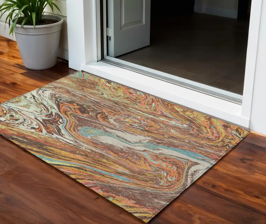 Khaki Brown And Blue Abstract Washable Indoor Outdoor Area Rug Photo 1