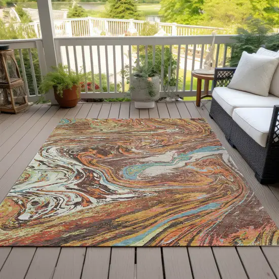 Khaki Brown And Blue Abstract Washable Indoor Outdoor Area Rug Photo 8