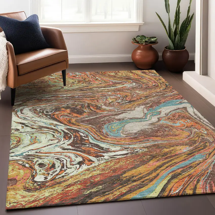 Khaki Brown And Blue Abstract Washable Indoor Outdoor Area Rug Photo 9