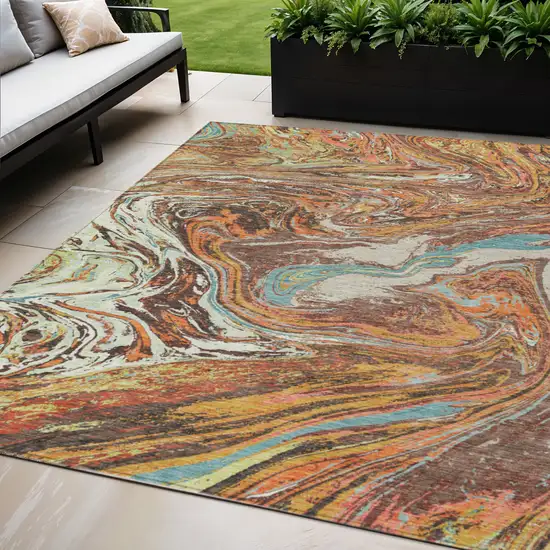 Khaki Brown And Blue Abstract Washable Indoor Outdoor Area Rug Photo 1