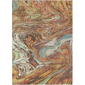 Photo of Khaki Brown And Blue Abstract Washable Indoor Outdoor Area Rug