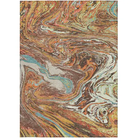 Khaki Brown And Blue Abstract Washable Indoor Outdoor Area Rug Photo 7