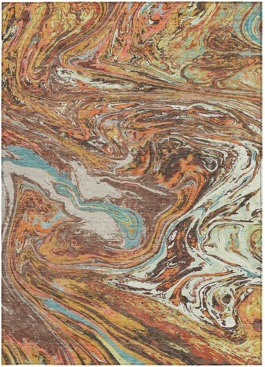 Khaki Brown And Blue Abstract Washable Indoor Outdoor Area Rug Photo 7