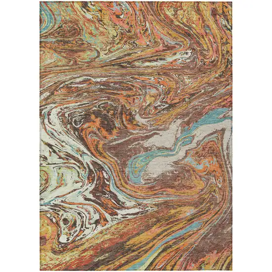 Khaki Brown And Blue Abstract Washable Indoor Outdoor Area Rug Photo 2