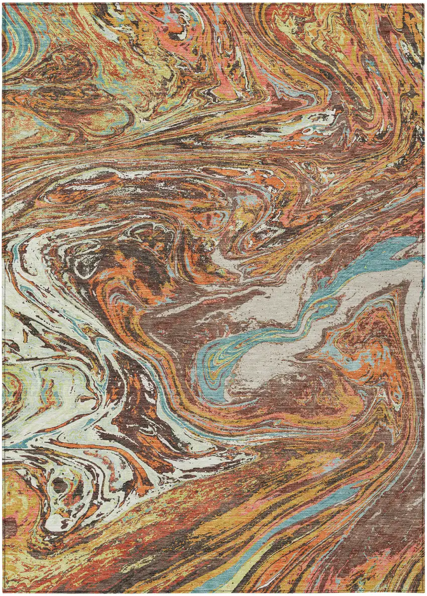 Khaki Brown And Blue Abstract Washable Indoor Outdoor Area Rug Photo 2