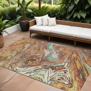 Photo of Khaki Brown And Blue Abstract Washable Indoor Outdoor Area Rug
