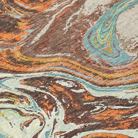 Khaki Brown And Blue Abstract Washable Indoor Outdoor Area Rug Photo 5