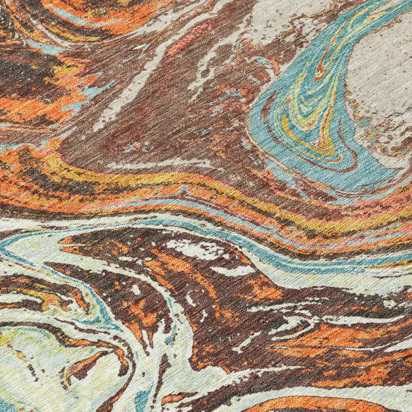 Khaki Brown And Blue Abstract Washable Indoor Outdoor Area Rug Photo 5