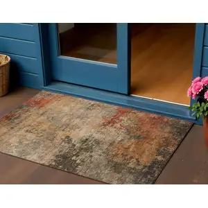 Photo of Khaki Brown And Copper Abstract Washable Indoor Outdoor Area Rug