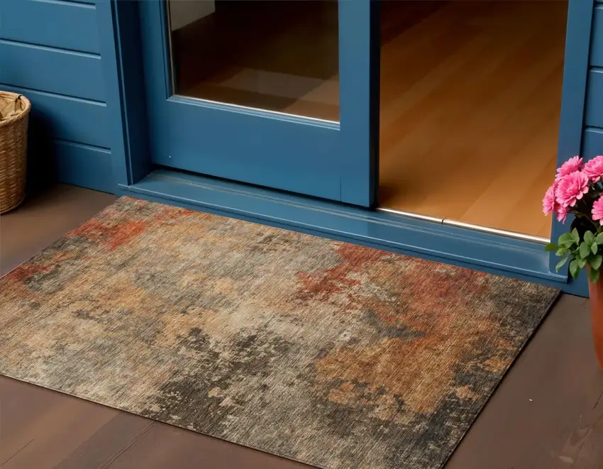 Khaki Brown And Copper Abstract Washable Indoor Outdoor Area Rug Photo 1