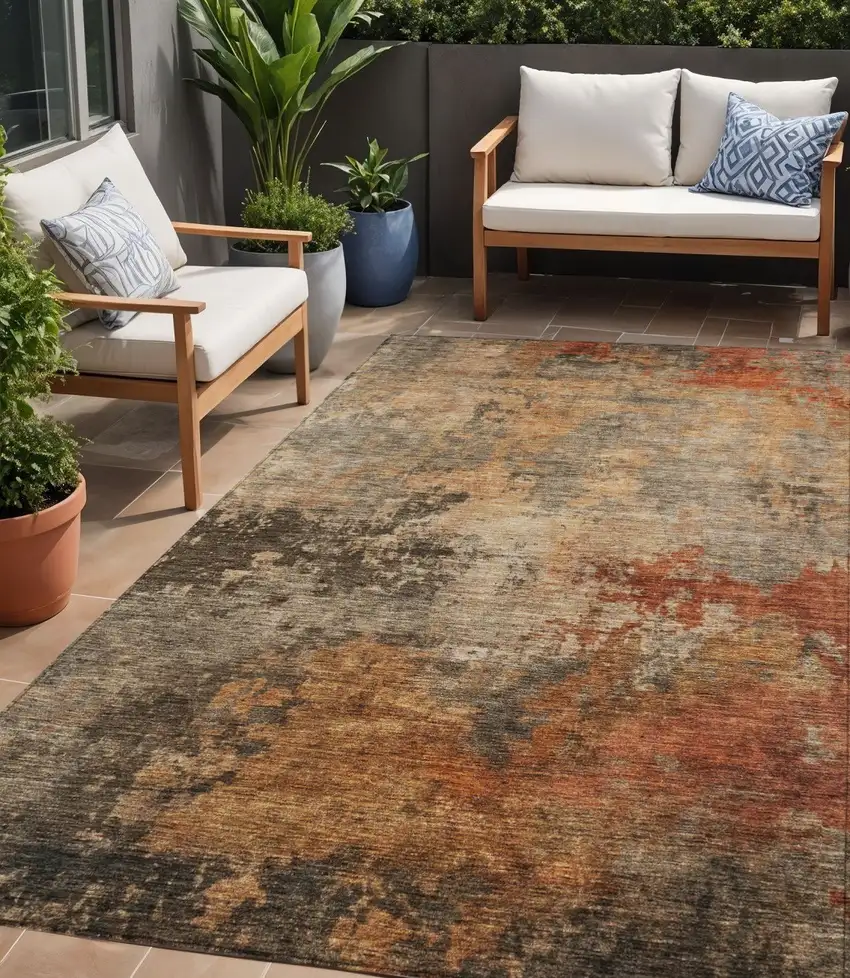 Khaki Brown And Copper Abstract Washable Indoor Outdoor Area Rug Photo 1