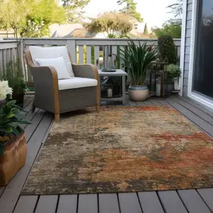 Photo of Khaki Brown And Copper Abstract Washable Indoor Outdoor Area Rug