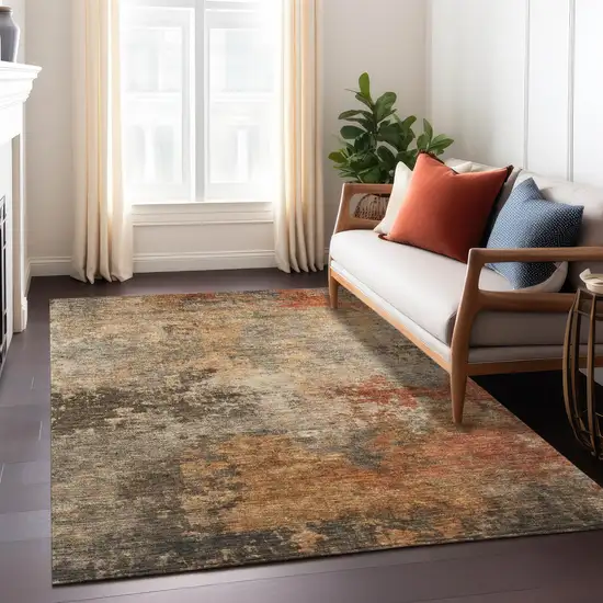 Khaki Brown And Copper Abstract Washable Indoor Outdoor Area Rug Photo 9