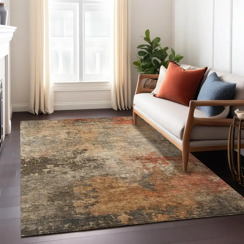 Khaki Brown And Copper Abstract Washable Indoor Outdoor Area Rug Photo 9
