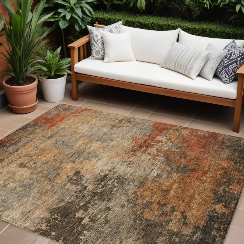 Khaki Brown And Copper Abstract Washable Indoor Outdoor Area Rug Photo 1
