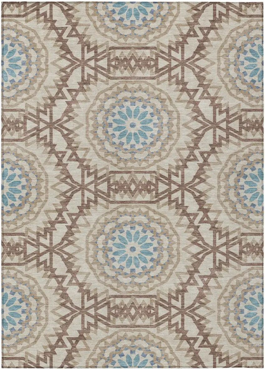 Khaki Brown And Taupe Floral Medallion Washable Indoor Outdoor Area Rug Photo 2