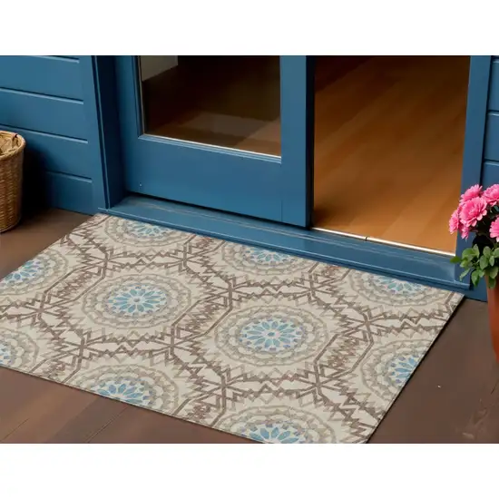 Khaki Brown And Taupe Floral Medallion Washable Indoor Outdoor Area Rug Photo 1