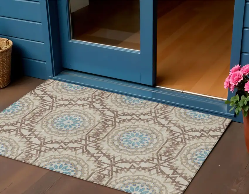 Khaki Brown And Taupe Floral Medallion Washable Indoor Outdoor Area Rug Photo 1