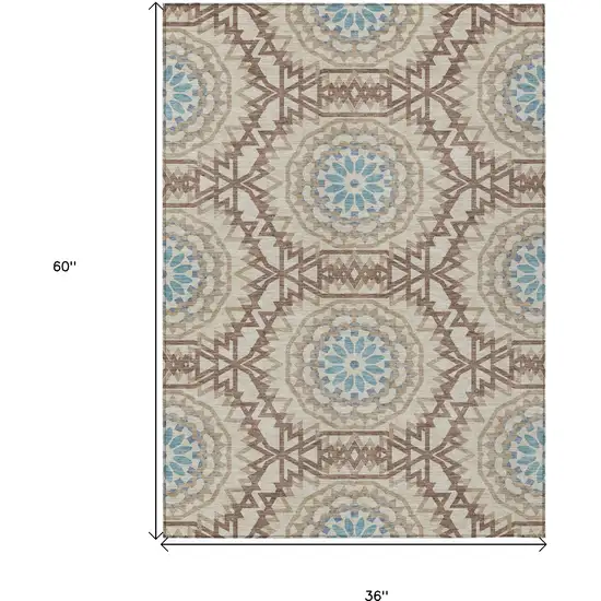 Khaki Brown And Taupe Floral Medallion Washable Indoor Outdoor Area Rug Photo 3