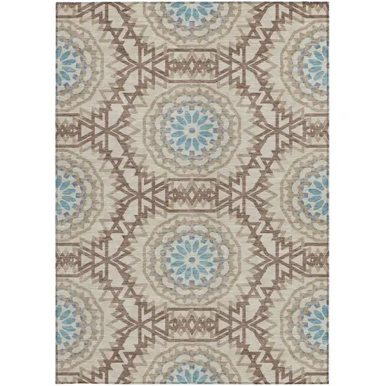 Khaki Brown And Taupe Floral Medallion Washable Indoor Outdoor Area Rug Photo 6