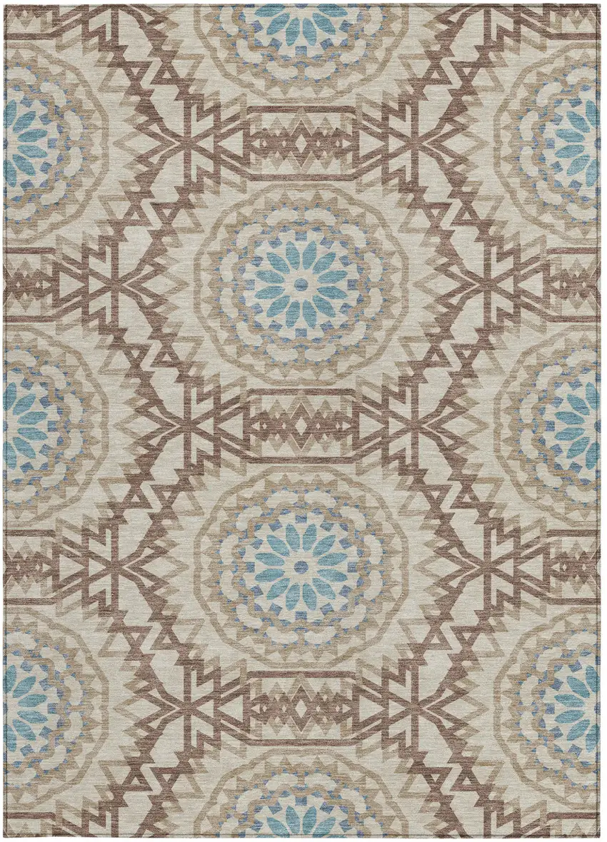 Khaki Brown And Taupe Floral Medallion Washable Indoor Outdoor Area Rug Photo 6