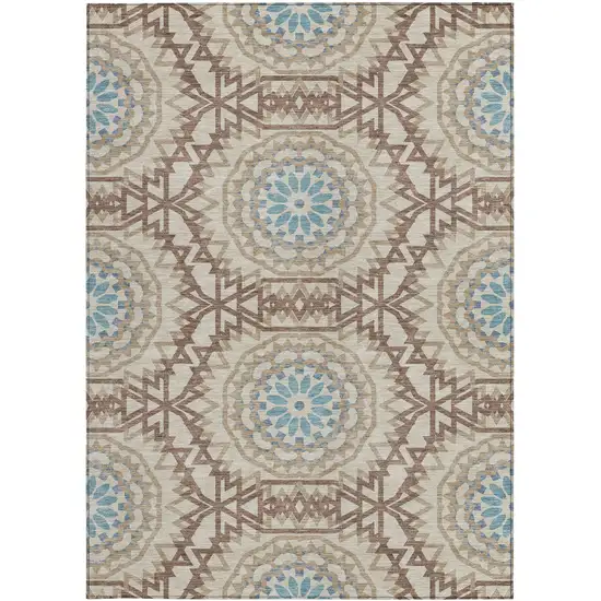 Khaki Brown And Taupe Floral Medallion Washable Indoor Outdoor Area Rug Photo 6