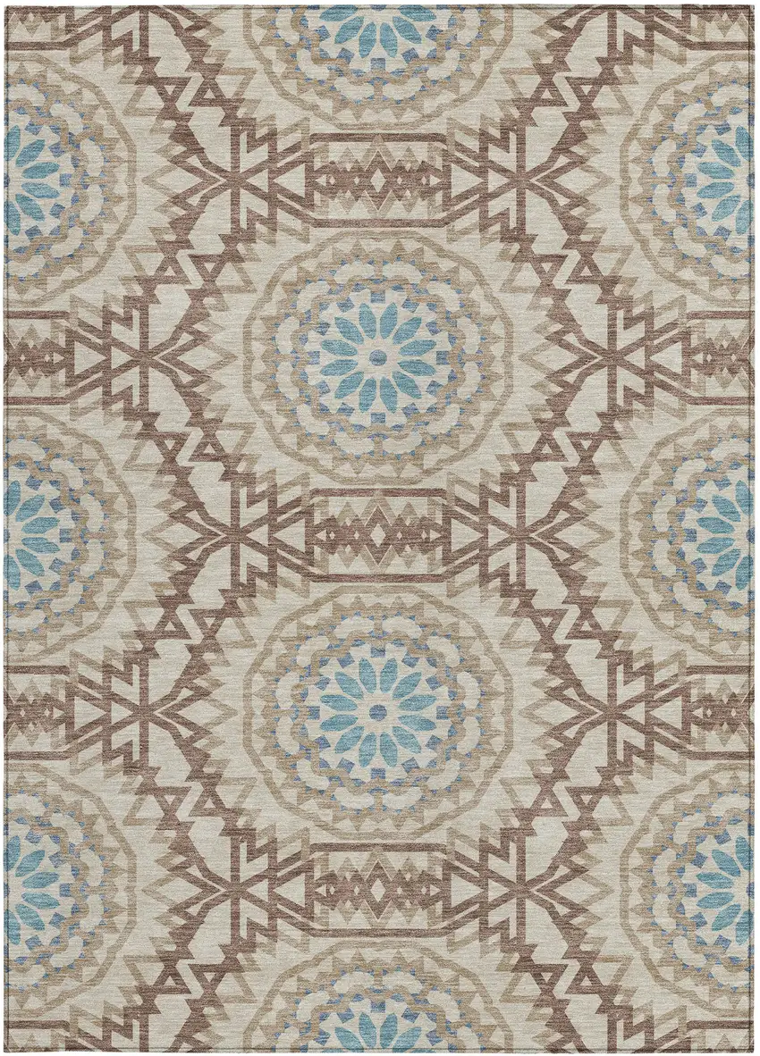 Khaki Brown And Taupe Floral Medallion Washable Indoor Outdoor Area Rug Photo 6