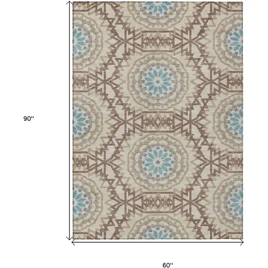Khaki Brown And Taupe Floral Medallion Washable Indoor Outdoor Area Rug Photo 3