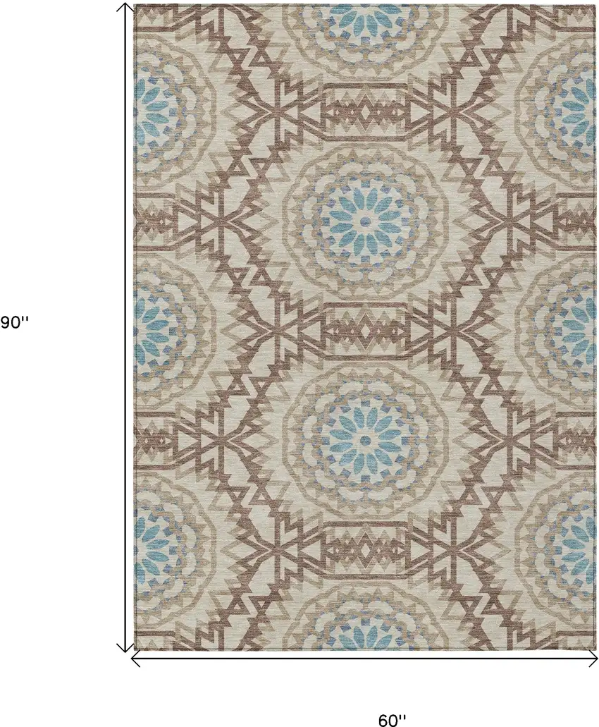 Khaki Brown And Taupe Floral Medallion Washable Indoor Outdoor Area Rug Photo 3