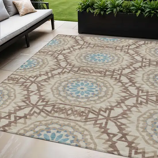 Khaki Brown And Taupe Floral Medallion Washable Indoor Outdoor Area Rug Photo 1