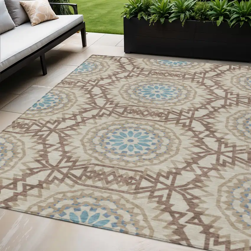 Khaki Brown And Taupe Floral Medallion Washable Indoor Outdoor Area Rug Photo 1