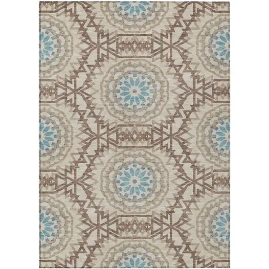 Khaki Brown And Taupe Floral Medallion Washable Indoor Outdoor Area Rug Photo 2