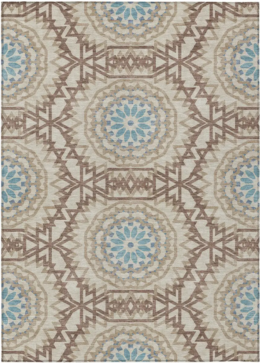 Khaki Brown And Taupe Floral Medallion Washable Indoor Outdoor Area Rug Photo 2