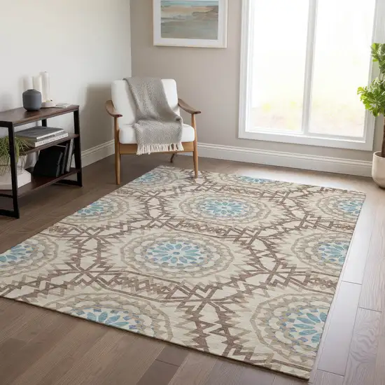 Khaki Brown And Taupe Floral Medallion Washable Indoor Outdoor Area Rug Photo 8