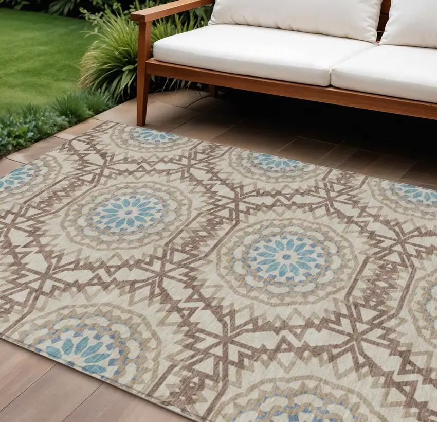 Khaki Brown And Taupe Floral Medallion Washable Indoor Outdoor Area Rug Photo 1