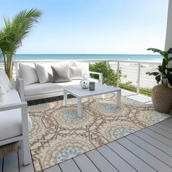 Khaki Brown And Taupe Floral Medallion Washable Indoor Outdoor Area Rug Photo 7