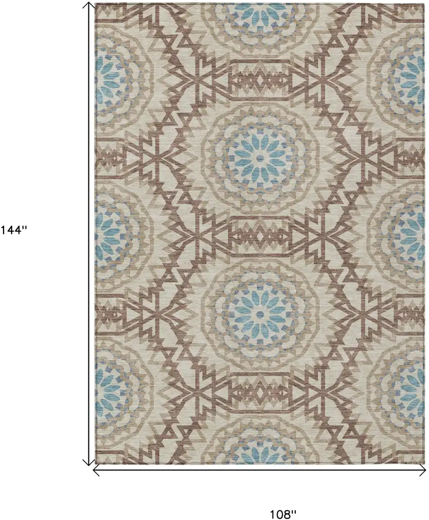 Khaki Brown And Taupe Floral Medallion Washable Indoor Outdoor Area Rug Photo 3