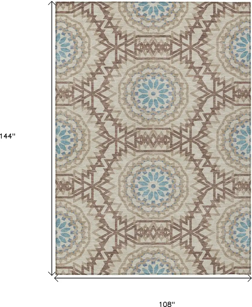 Khaki Brown And Taupe Floral Medallion Washable Indoor Outdoor Area Rug Photo 3