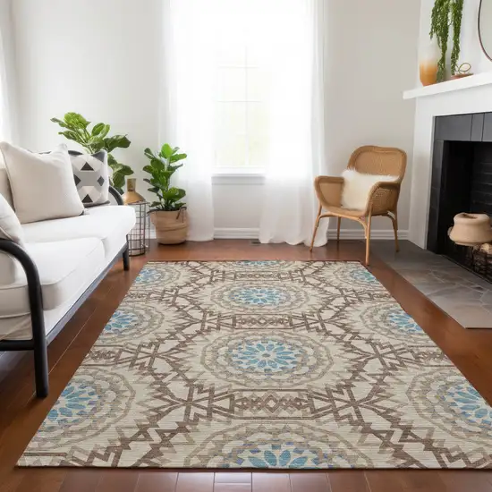 Khaki Brown And Taupe Floral Medallion Washable Indoor Outdoor Area Rug Photo 9