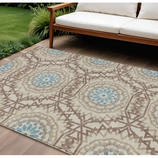 Khaki Brown And Taupe Floral Medallion Washable Indoor Outdoor Area Rug Photo 1
