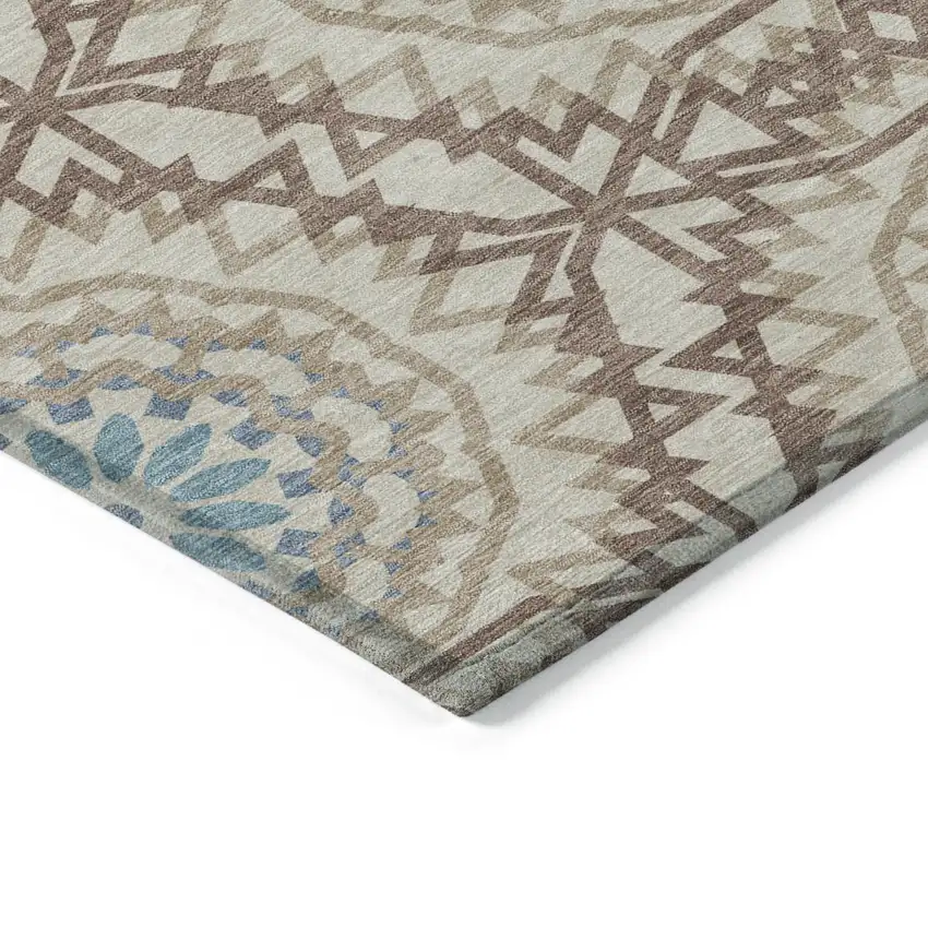 Khaki Brown And Taupe Floral Medallion Washable Indoor Outdoor Area Rug Photo 3