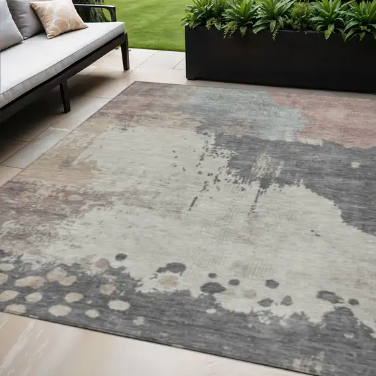 Khaki Charcoal And Ivory Abstract Washable Indoor Outdoor Area Rug Photo 2