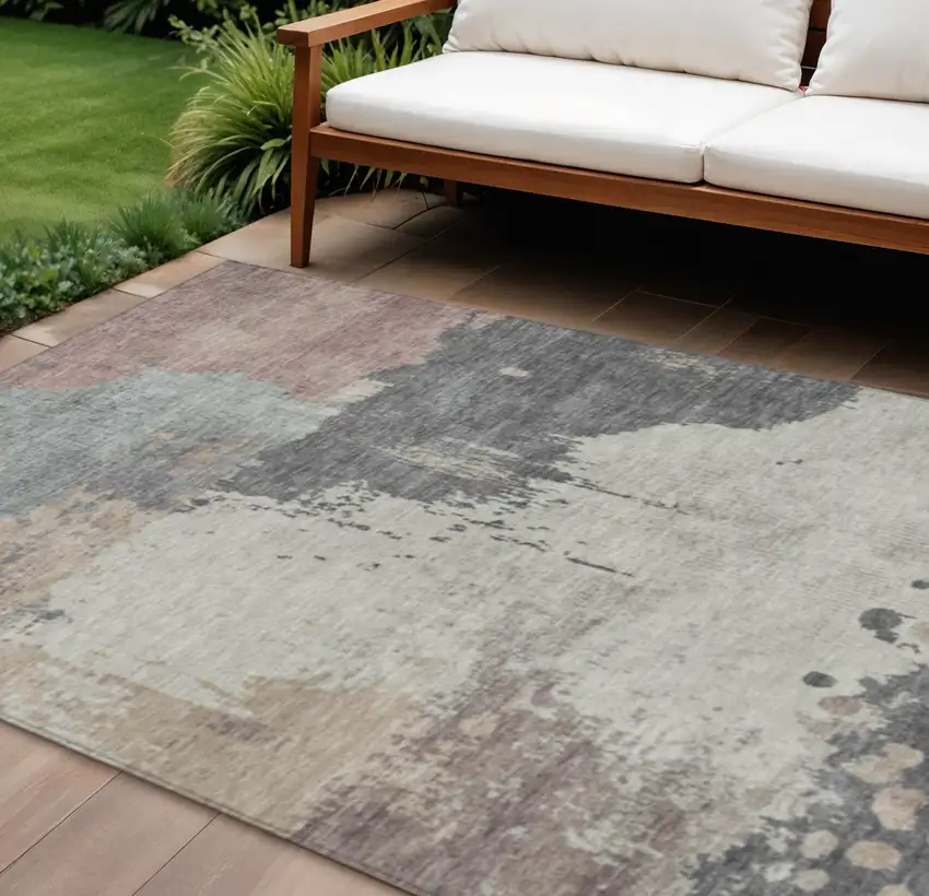 Khaki Charcoal And Ivory Abstract Washable Indoor Outdoor Area Rug Photo 2